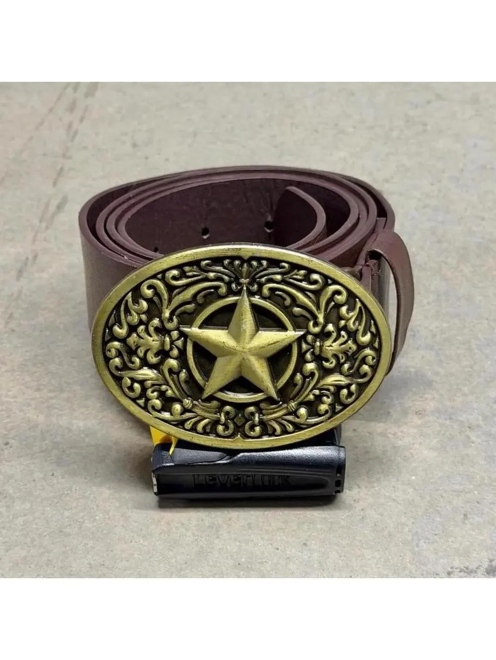 Vintage Y2K Brown Leather Belt with Tribal Fleur De Lis Star Gold Big Buckle